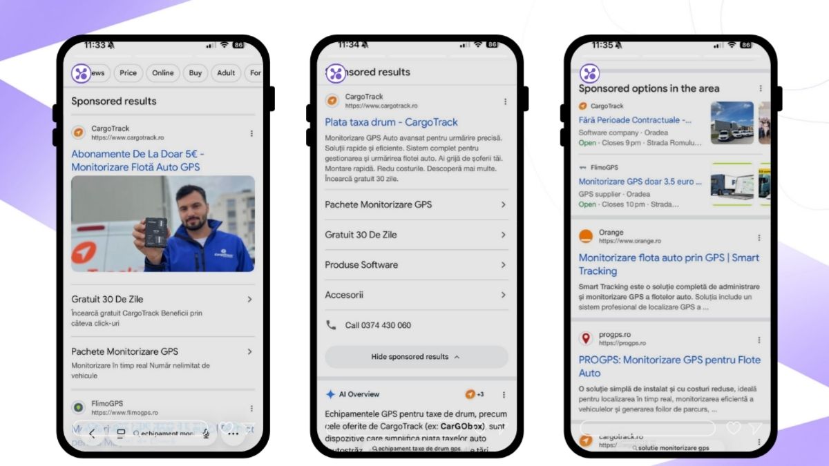 Cum apare CargoTrack când transportatorii caută monitorizare GPS, taxe de drum sau alte servicii specifice — mesaje directe, structurate pe servicii individuale.