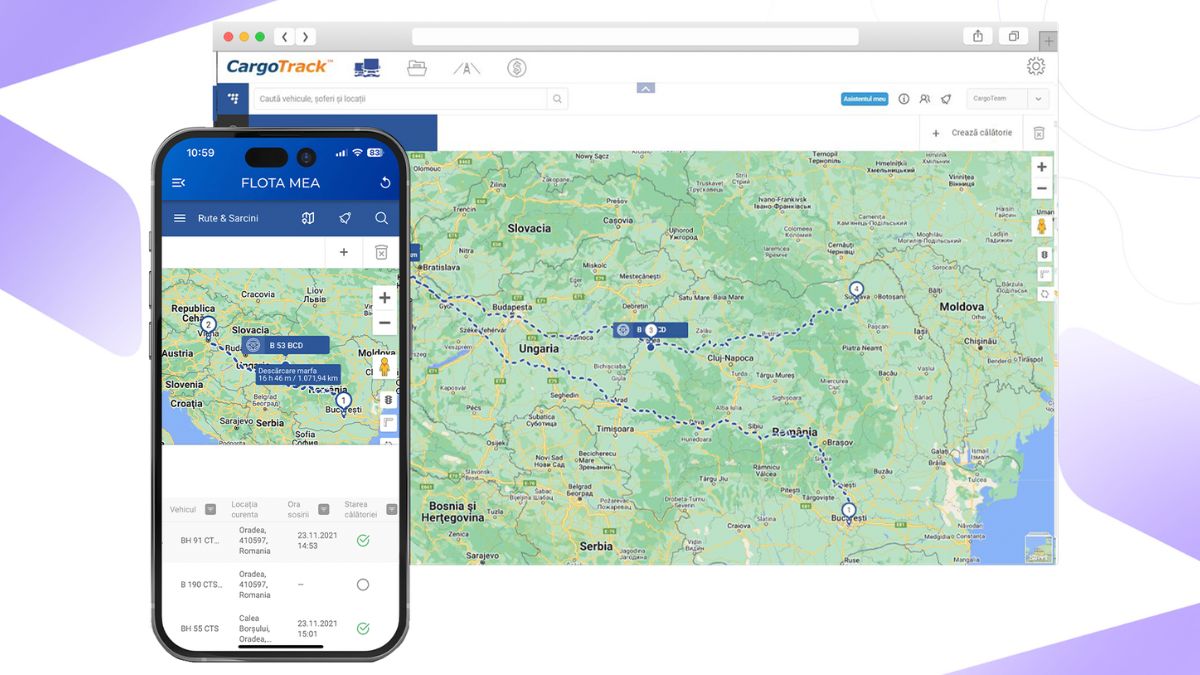 Aplicația CargoTrack — produsul concret în spatele cererii pe care marketing-ul a construit-o. Monitorizare GPS în timp real, simplă și clară.