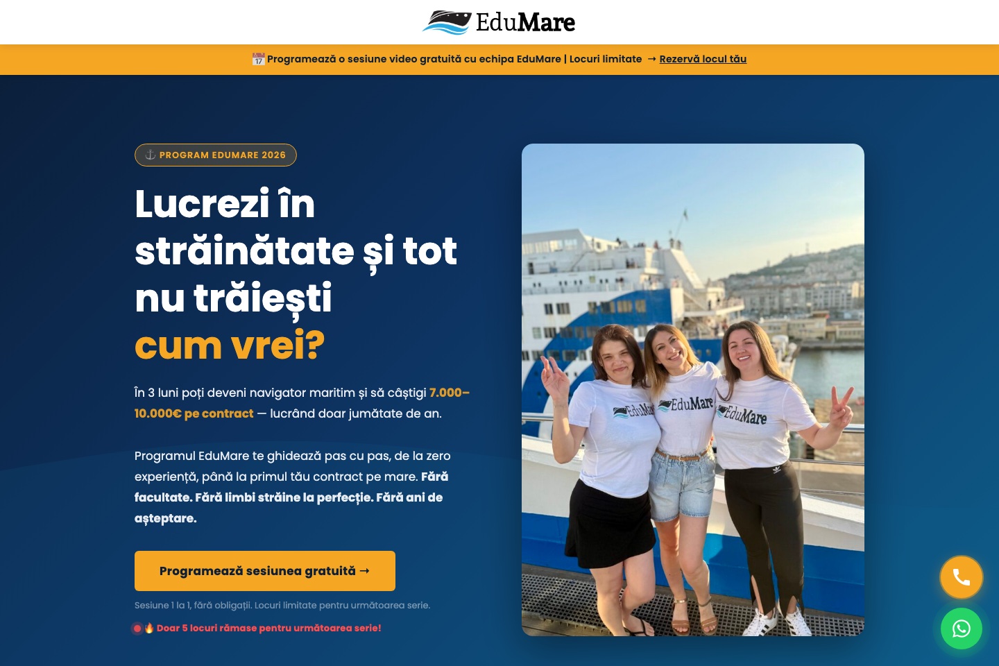 Landing page-ul custom construit pentru EduMare — mesaj pe durerea reală („Lucrezi în străinătate și tot nu trăiești cum vrei?”), un singur CTA: programarea sesiunii gratuite.