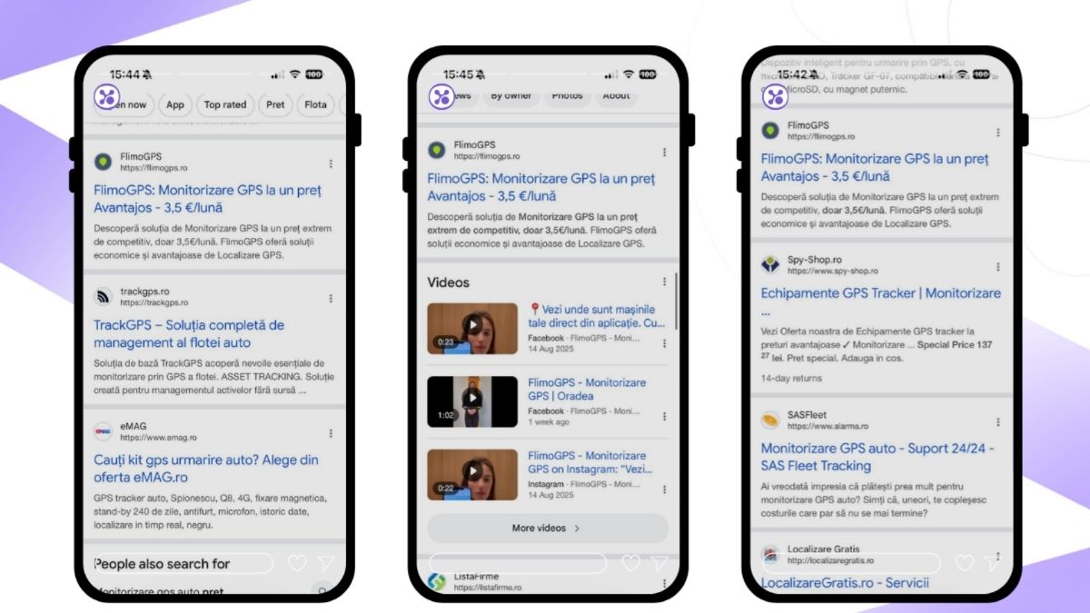Cum apare FlimoGPS în Google când cineva caută monitorizare GPS — mesaje directe, focus pe utilitate și transparență de preț.